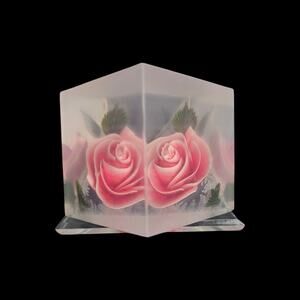 Vintage Frosted Acrylic Pink Rose Pyramid Paperweight Floral Art Sculpture